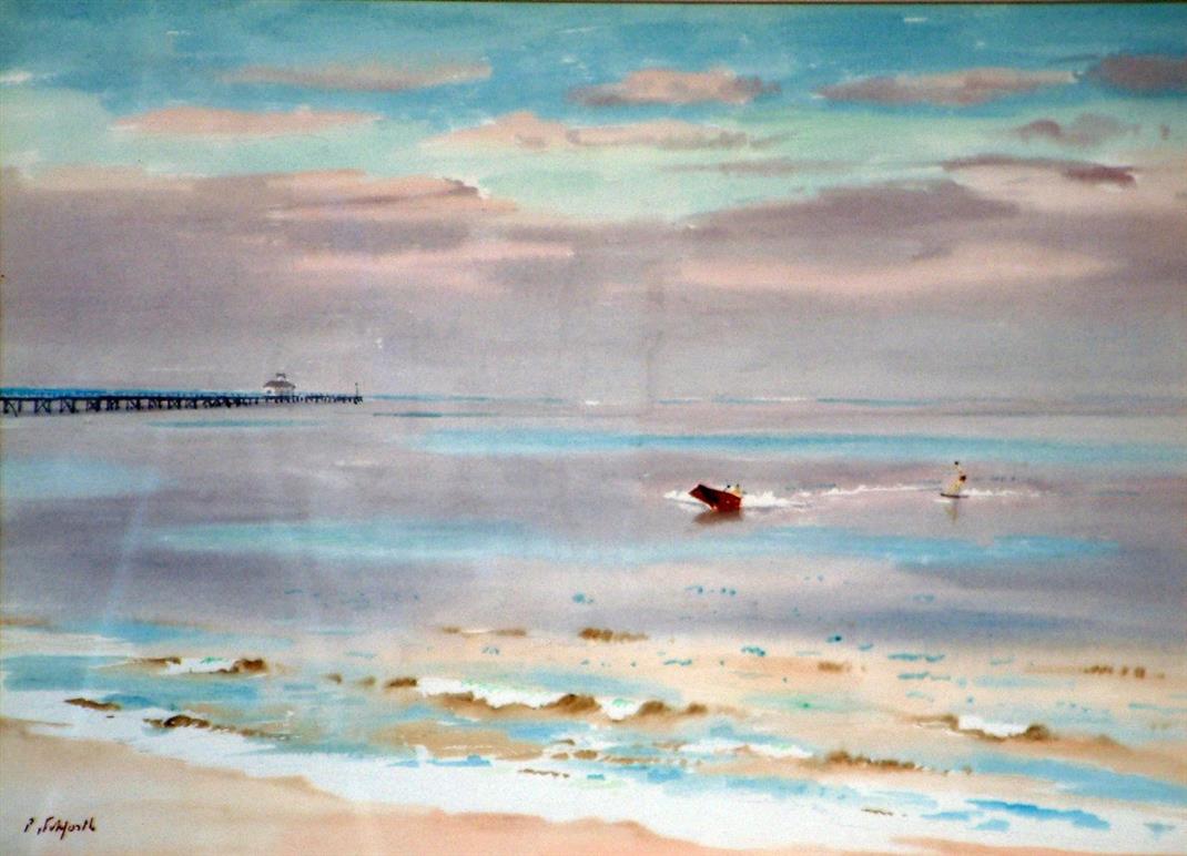 Roland Vivian Pitchforth (1895-1982) Coastal scene with pier and waterskier, 42 x 57cm